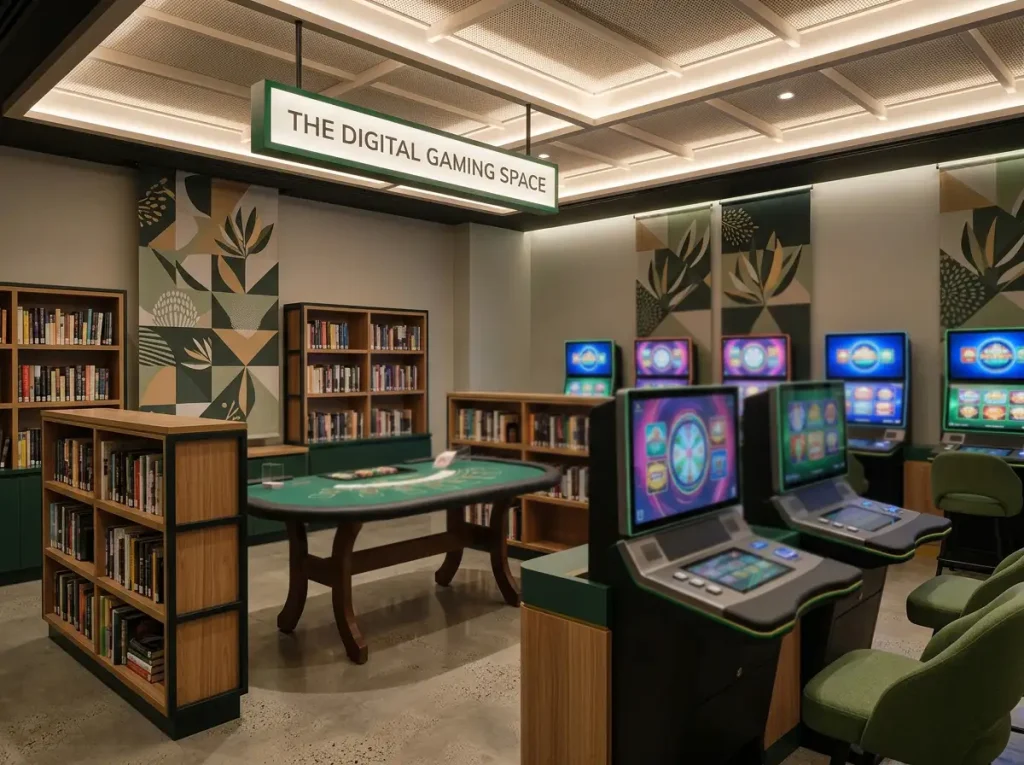 Casino tables, slot-style game screens and gaming controls in a mixed digital game setting