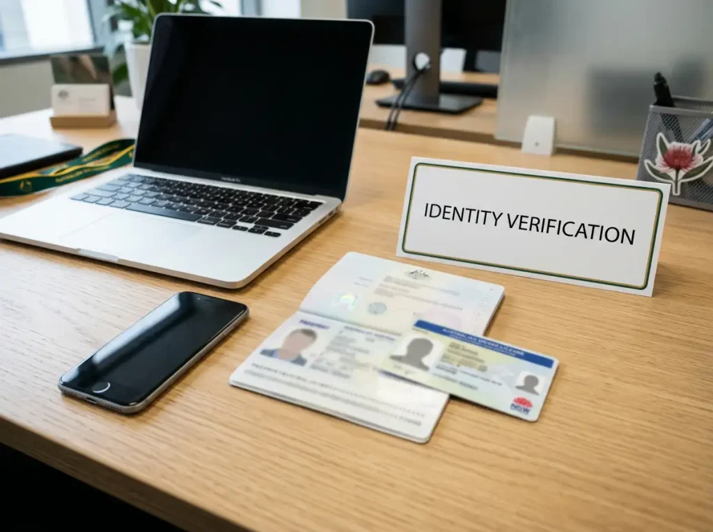 Identity documents beside a laptop and phone in a secure account-check setting