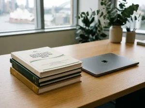 Regulatory documents beside a laptop and a neutral Australian desk setting