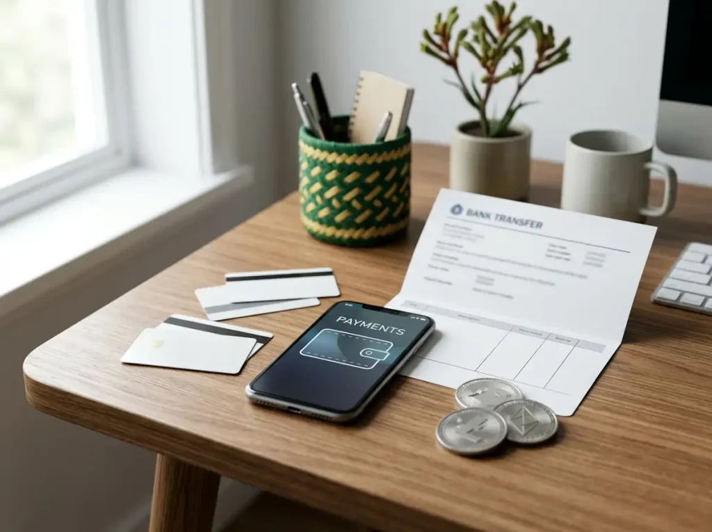 Payment cards, a smartphone wallet and cryptocurrency tokens arranged on a desk