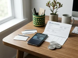 Payment cards, a smartphone wallet and cryptocurrency tokens arranged on a desk