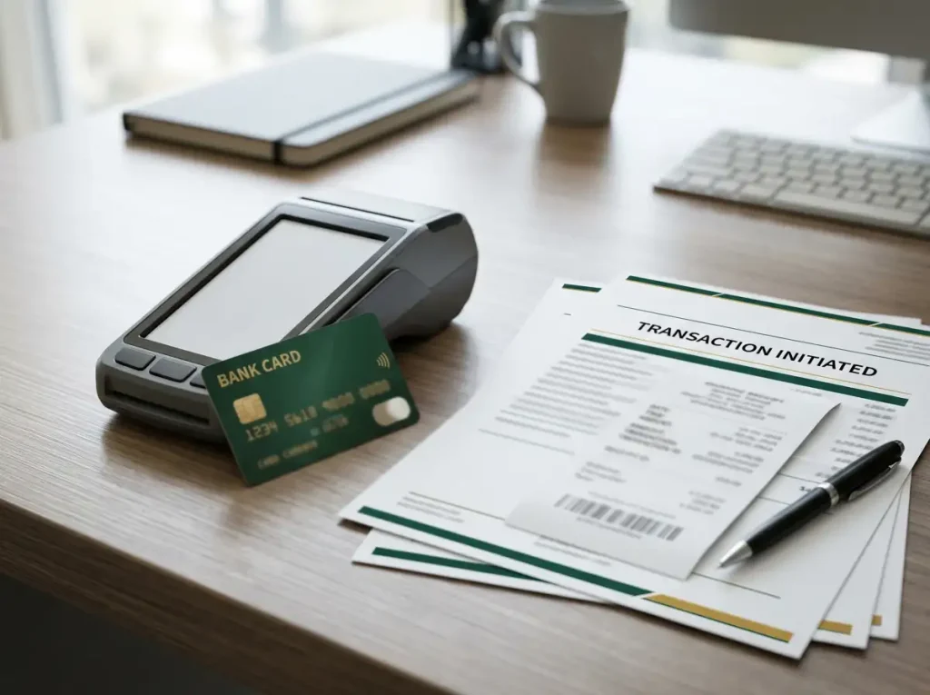 A bank card, digital wallet and transaction documents arranged for a cashout review