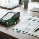 A bank card, digital wallet and transaction documents arranged for a cashout review